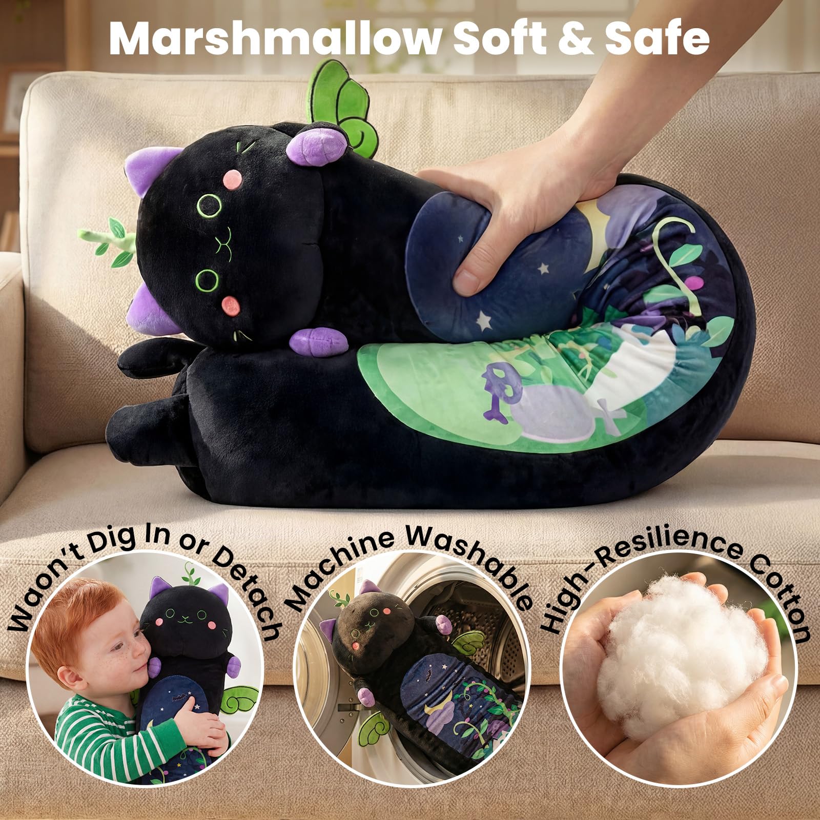 Mewaii Long Cat Plush - 5 Sizes, Extra Filling, Super Soft Kawaii Black Cat Stuffed Animal Pillow (20"/50cm)