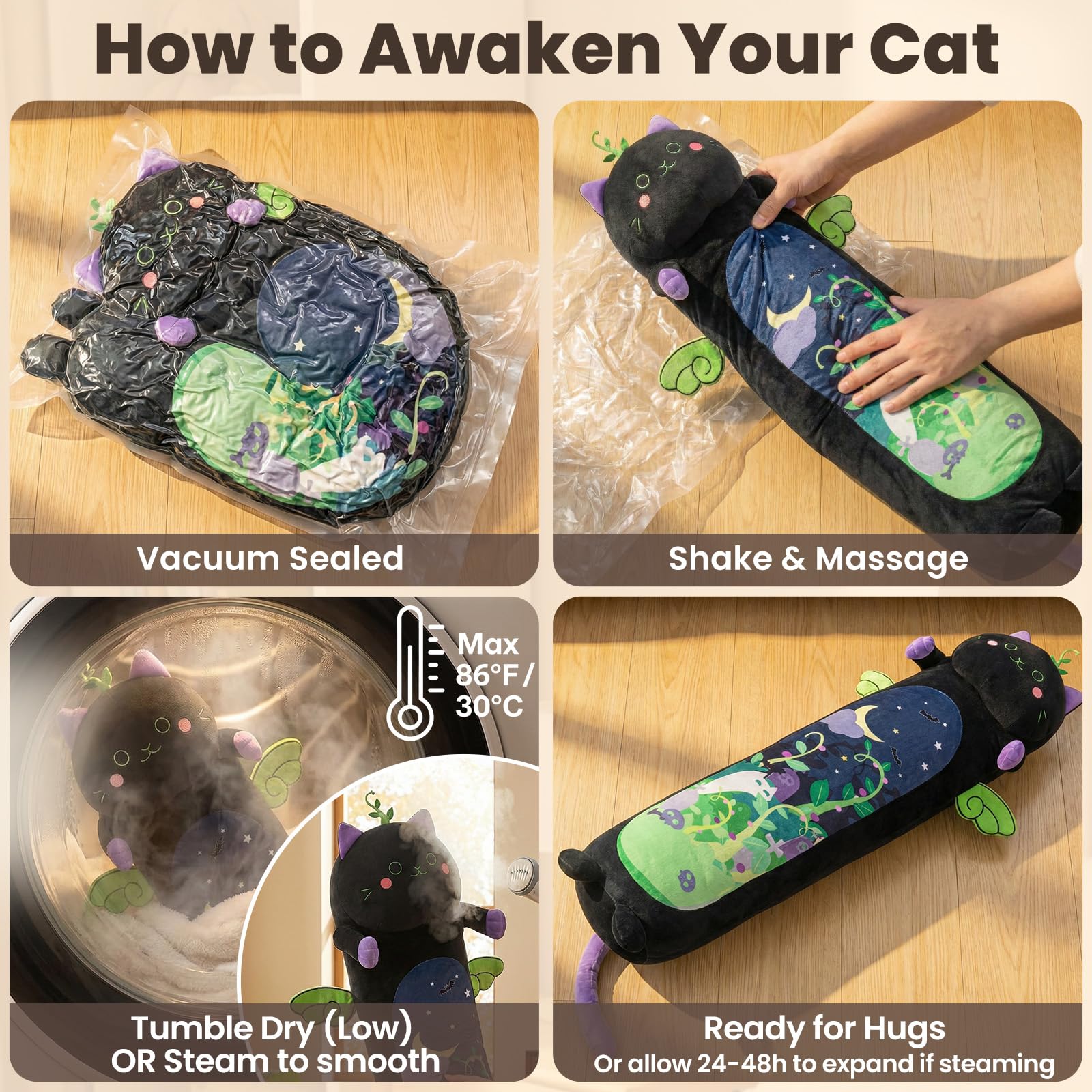 Mewaii Long Cat Plush - 5 Sizes, Extra Filling, Super Soft Kawaii Black Cat Stuffed Animal Pillow (20"/50cm)