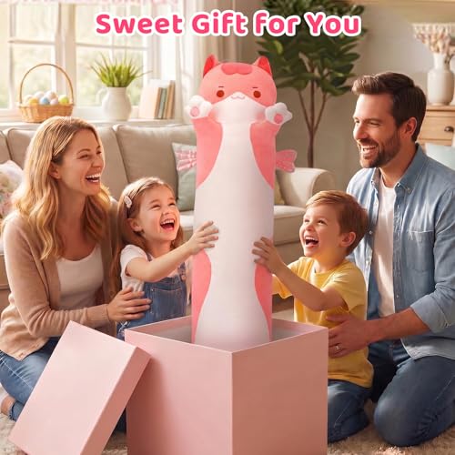 Mewaii Long Cat Plush 5 Sizes: Extra Filling, Super Soft Kawaii Pink Cat Body Pillow for Girls
