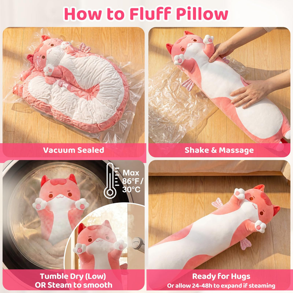 Mewaii Long Cat Plush 5 Sizes: Extra Filling, Super Soft Kawaii Pink Cat Body Pillow for Girls