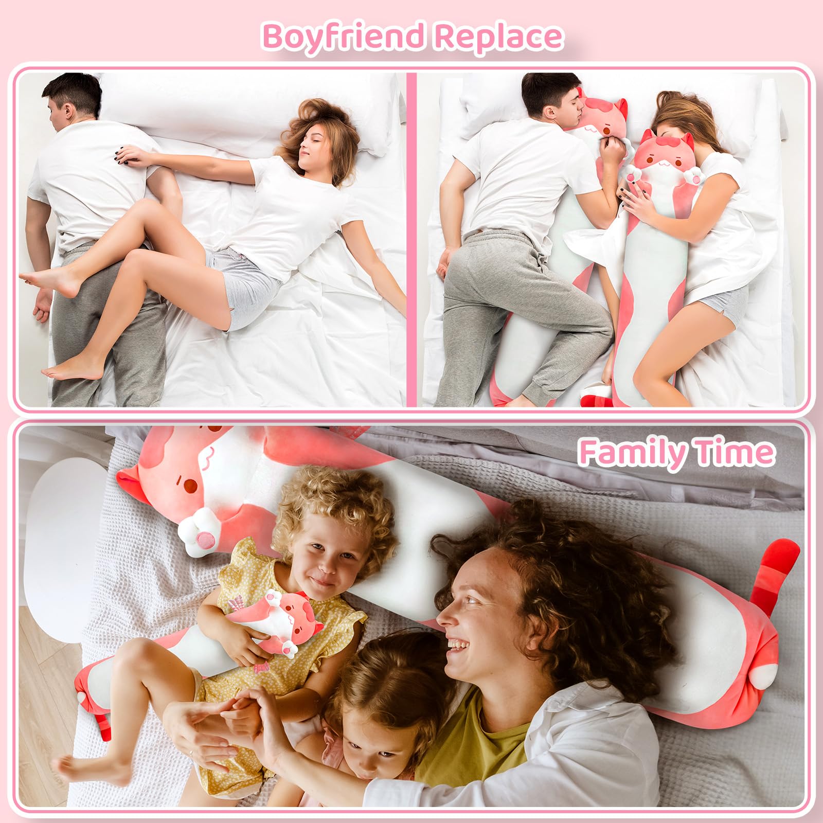 Mewaii Long Cat Plush 5 Sizes: Extra Filling, Super Soft Kawaii Pink Cat Body Pillow for Girls