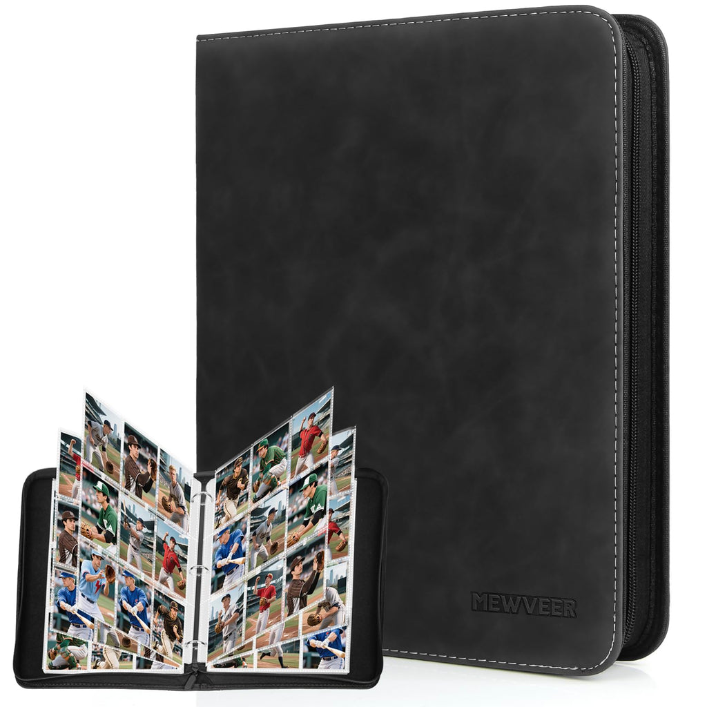 MewVeer 9-Pocket Trading Card Binder – Holds 900 Cards, PU Leather Zipper Album for MTG/YGO/TCG/Sports Cards, Black
