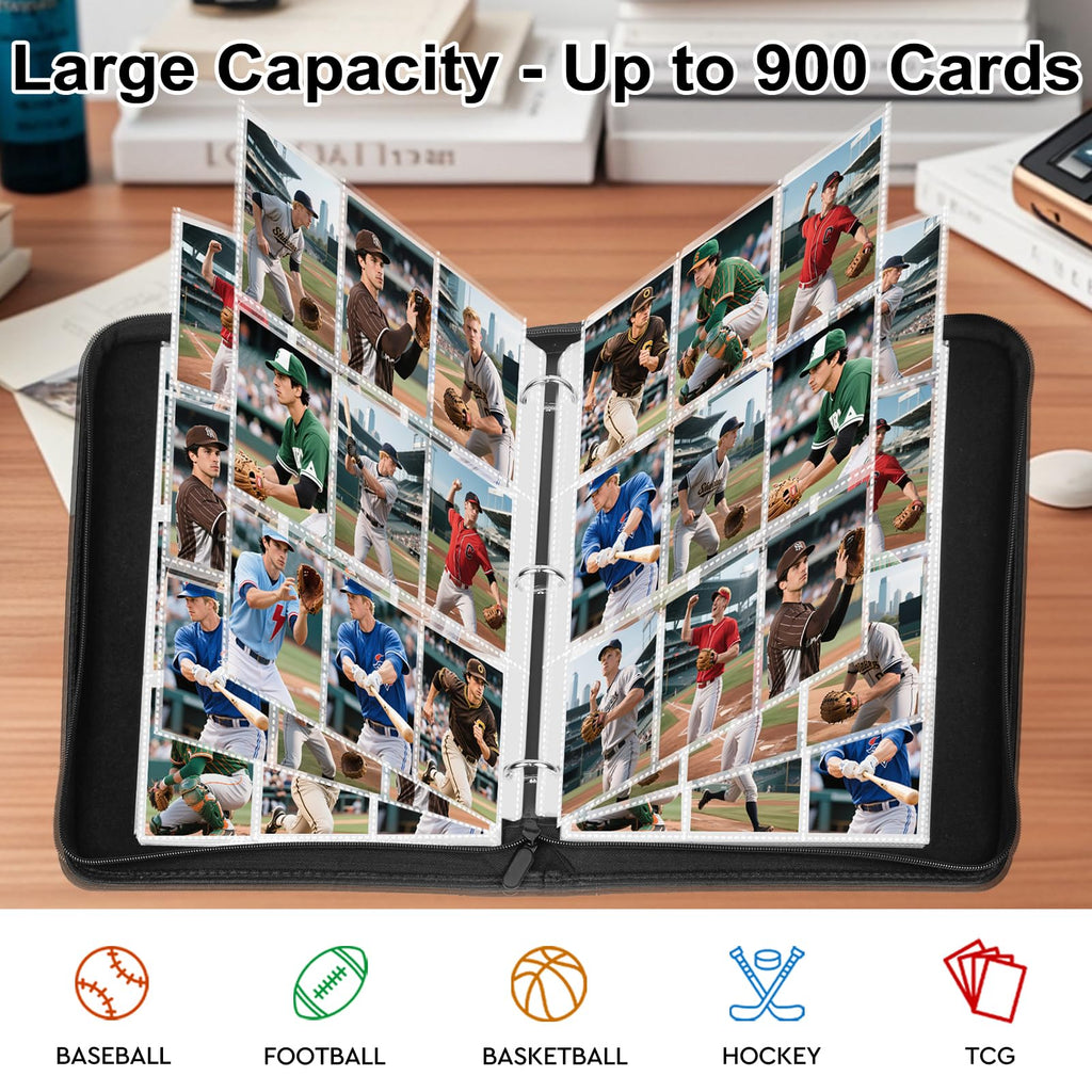 MewVeer 9-Pocket Trading Card Binder – Holds 900 Cards, PU Leather Zipper Album for MTG/YGO/TCG/Sports Cards, Black