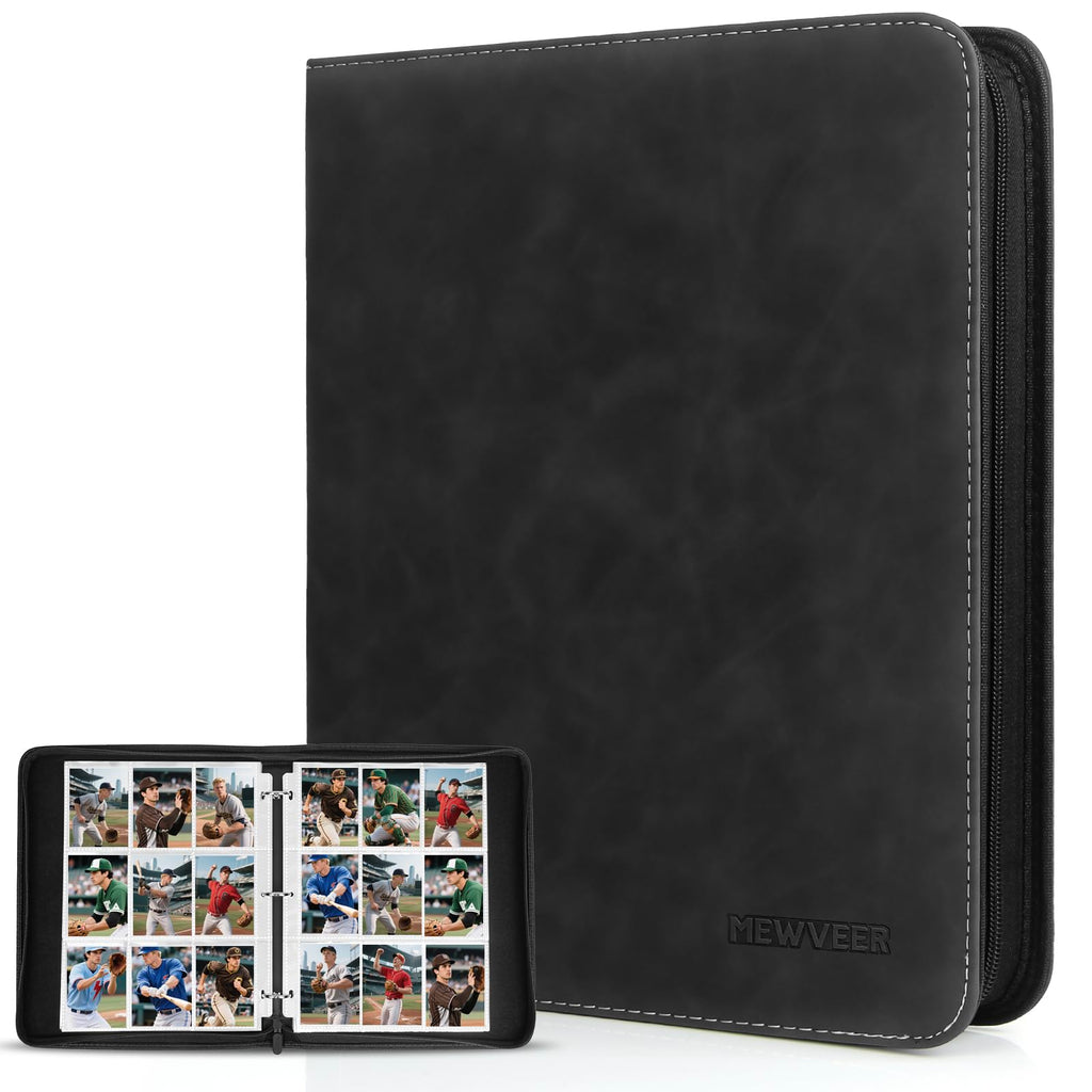 MewVeer 9-Pocket Trading Card Binder – Holds 900 Cards, PU Leather Zipper Album for MTG/YGO/TCG/Sports Cards, Black
