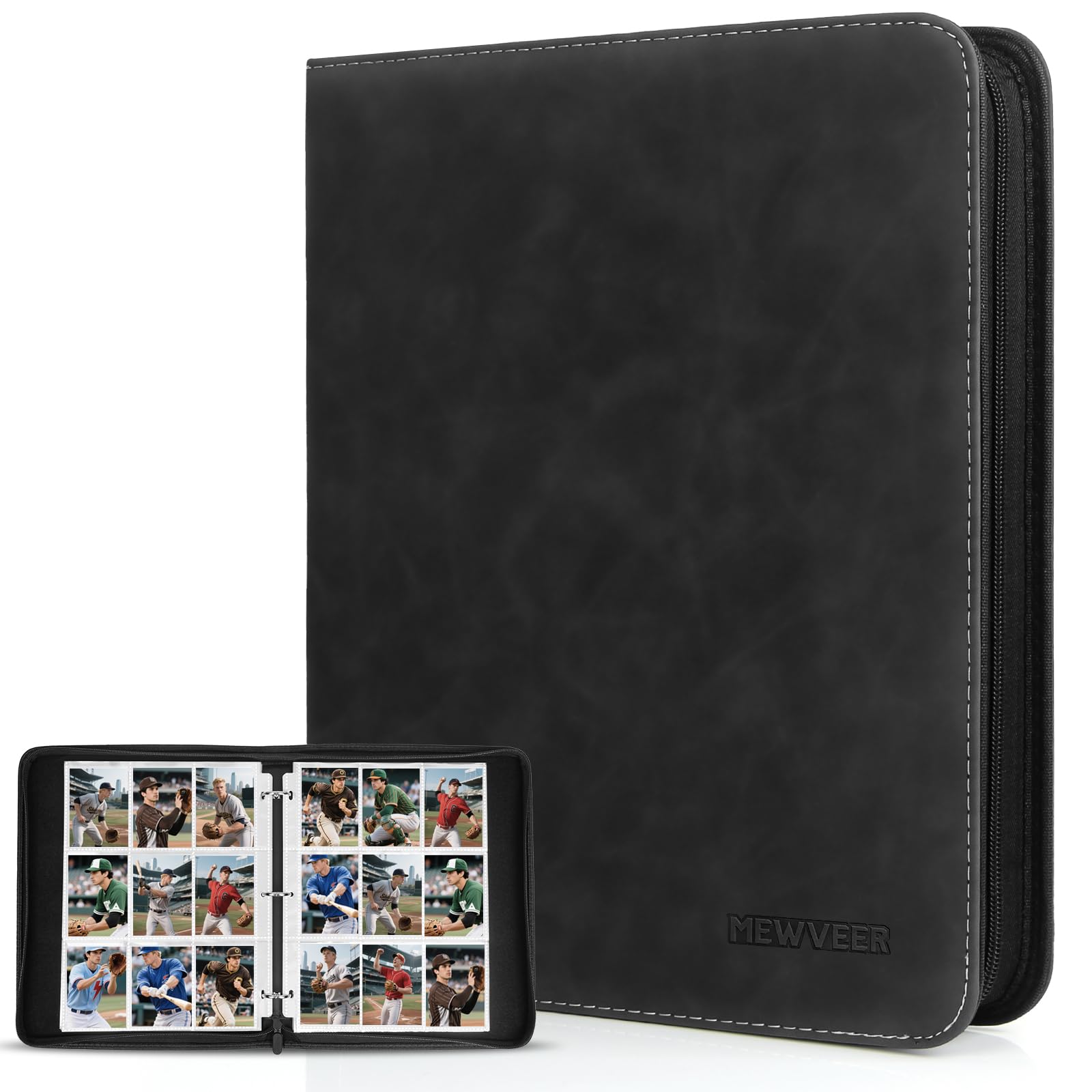 MewVeer 9-Pocket Trading Card Binder – Holds 900 Cards, PU Leather Zipper Album for MTG/YGO/TCG/Sports Cards, Black