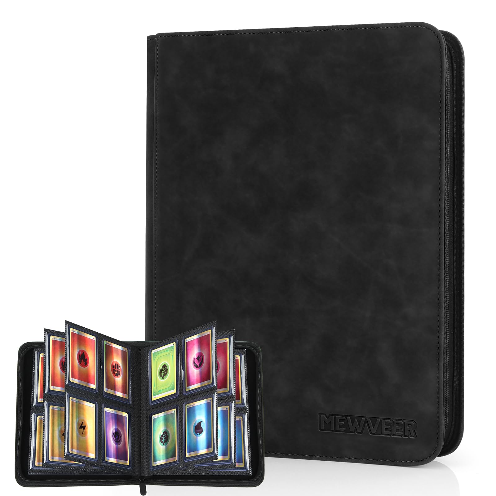 MewVeer Top Loader Card Binder - Holds 112 Top Loaders, 4-Pocket Pages, Black PU Leather