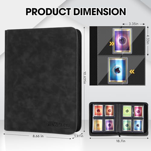 MewVeer Top Loader Card Binder - Holds 112 Top Loaders, 4-Pocket Pages, Black PU Leather