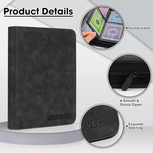 MewVeer Top Loader Card Binder - Holds 112 Top Loaders, 4-Pocket Pages, Black PU Leather