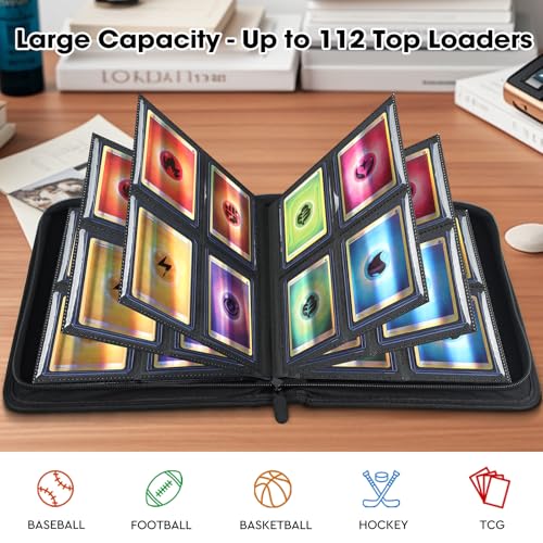 MewVeer Top Loader Card Binder - Holds 112 Top Loaders, 4-Pocket Pages, Black PU Leather