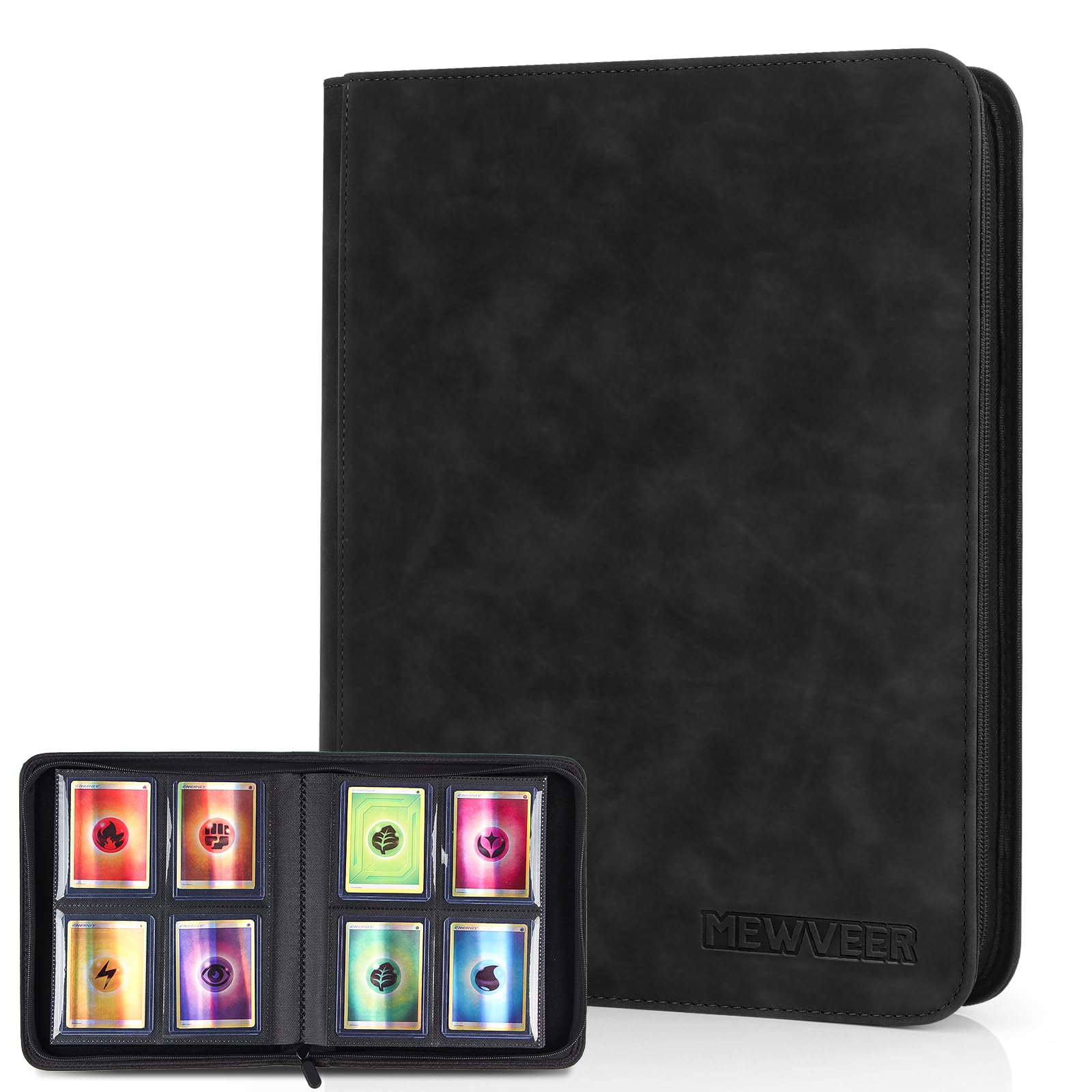MewVeer Top Loader Card Binder - Holds 112 Top Loaders, 4-Pocket Pages, Black PU Leather