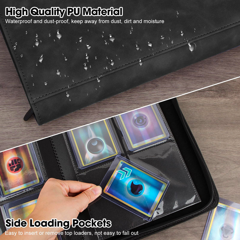 MewVeer Top Loader Card Binder - Holds 112 Top Loaders, 4-Pocket Pages, Black PU Leather