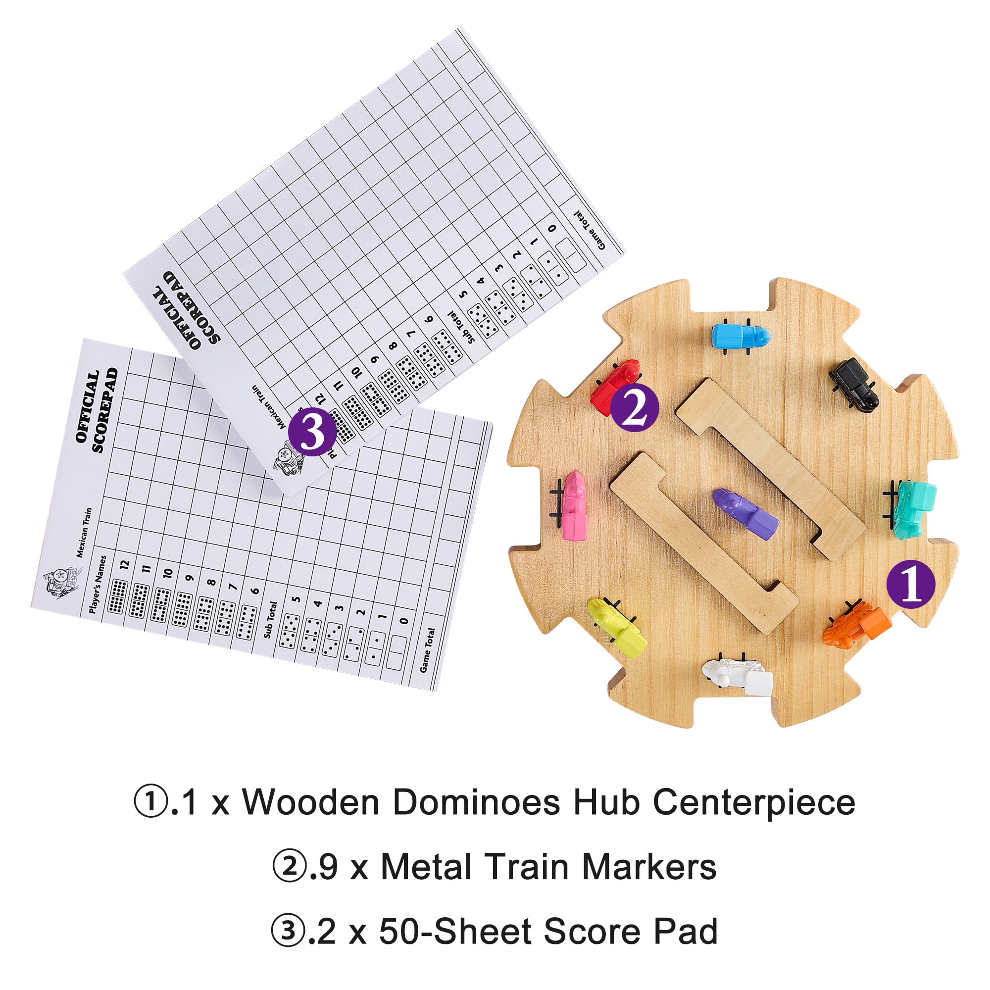 Mexican Train Dominoes Accessories Set – Wooden Hub, Metal Markers & Score Pads for 2-8 Players