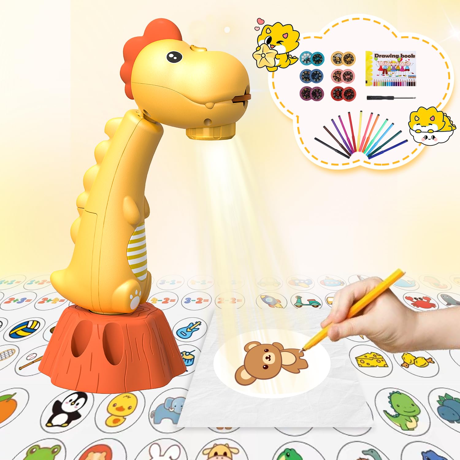 MFEESYOB Drawing Projector for Kids – 96 Patterns, 12 Colored Pens, Dinosaur Design, Ages 3-8