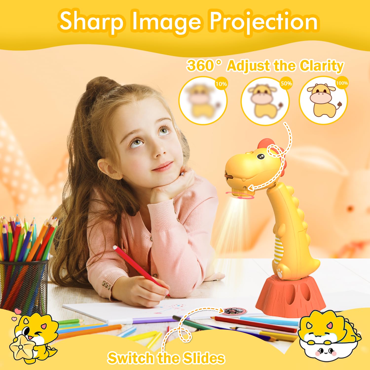 MFEESYOB Drawing Projector for Kids – 96 Patterns, 12 Colored Pens, Dinosaur Design, Ages 3-8