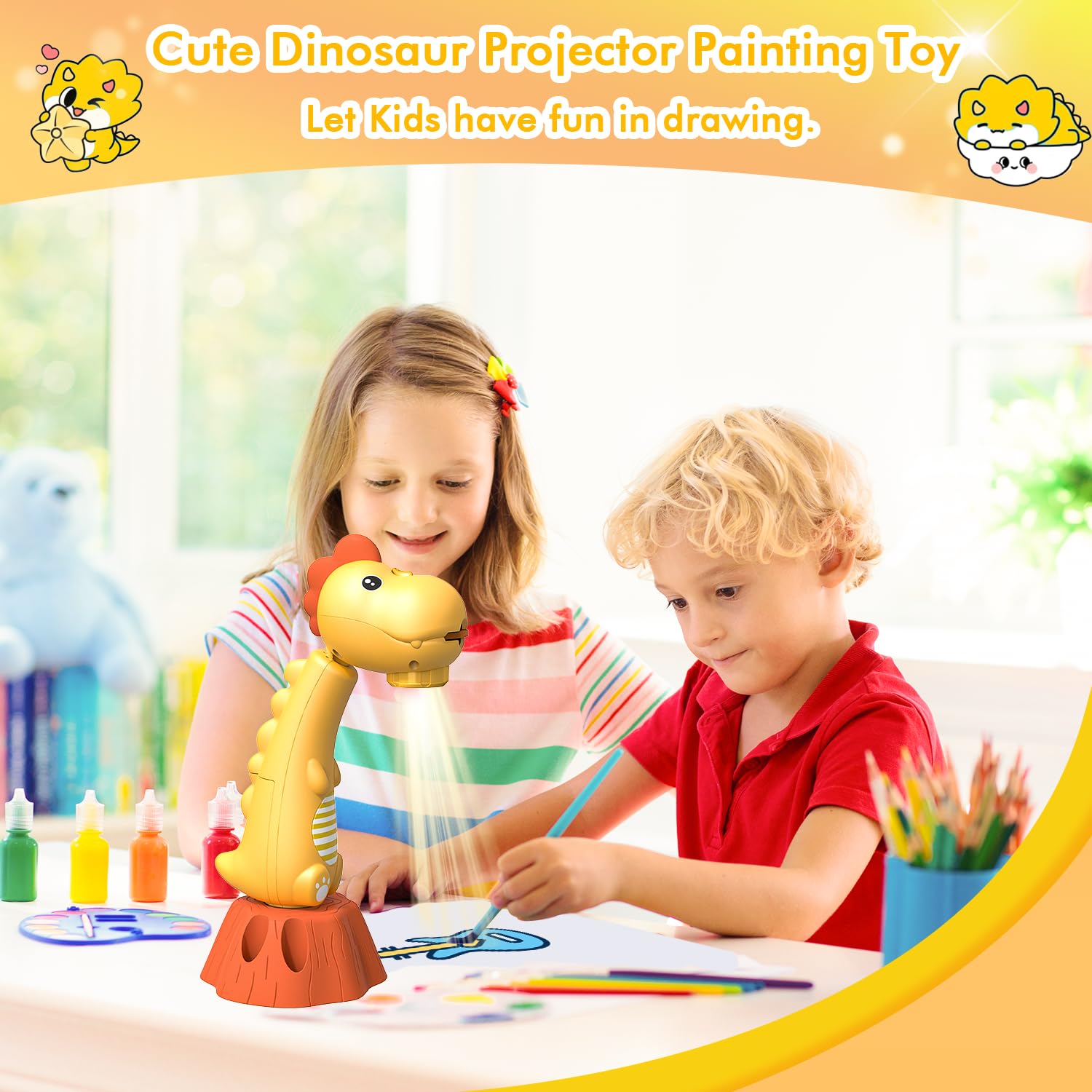 MFEESYOB Drawing Projector for Kids – 96 Patterns, 12 Colored Pens, Dinosaur Design, Ages 3-8