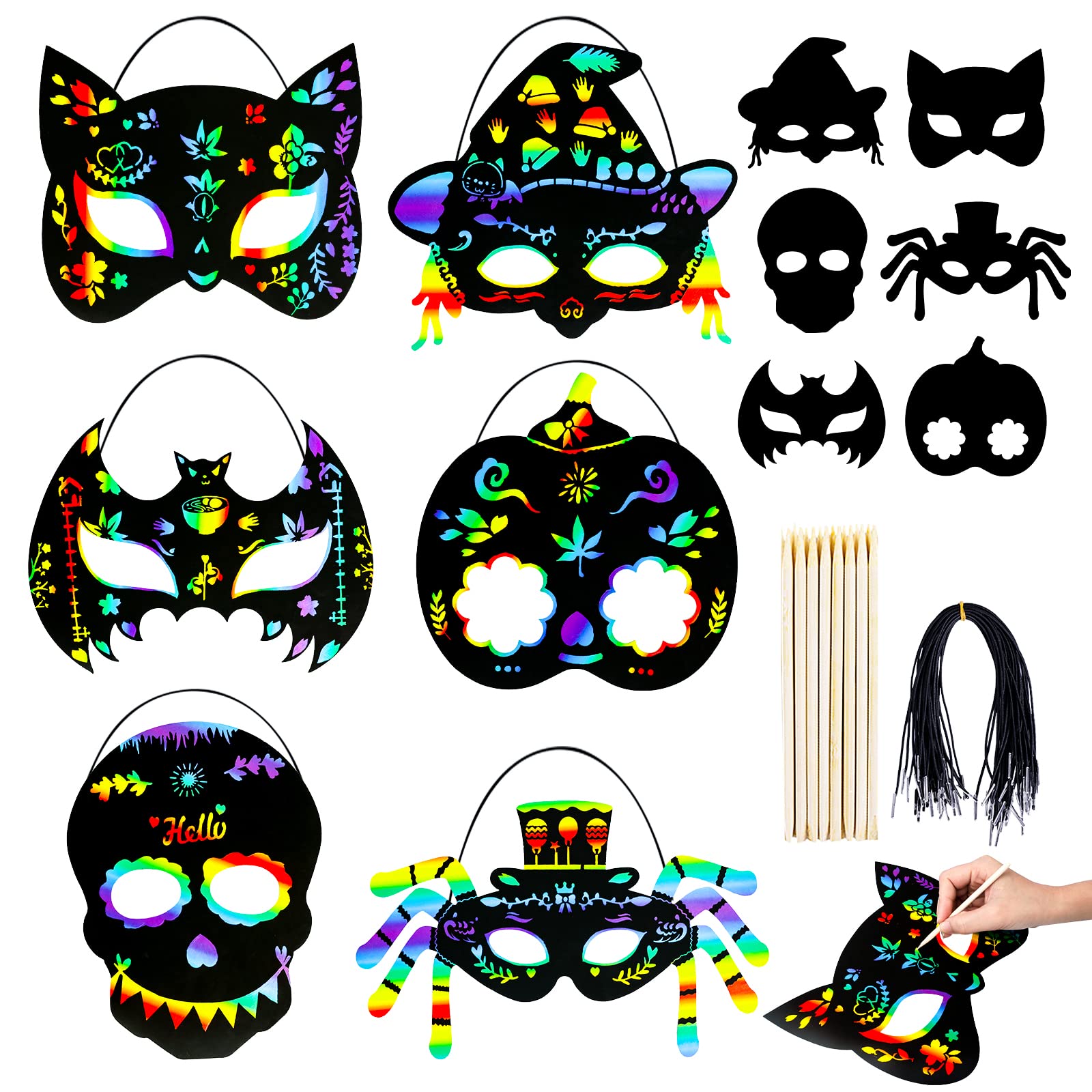 MGparty 24-Pack Halloween Scratch Masks Craft Kit – Rainbow Scratch Paper Art for Kids and Adults