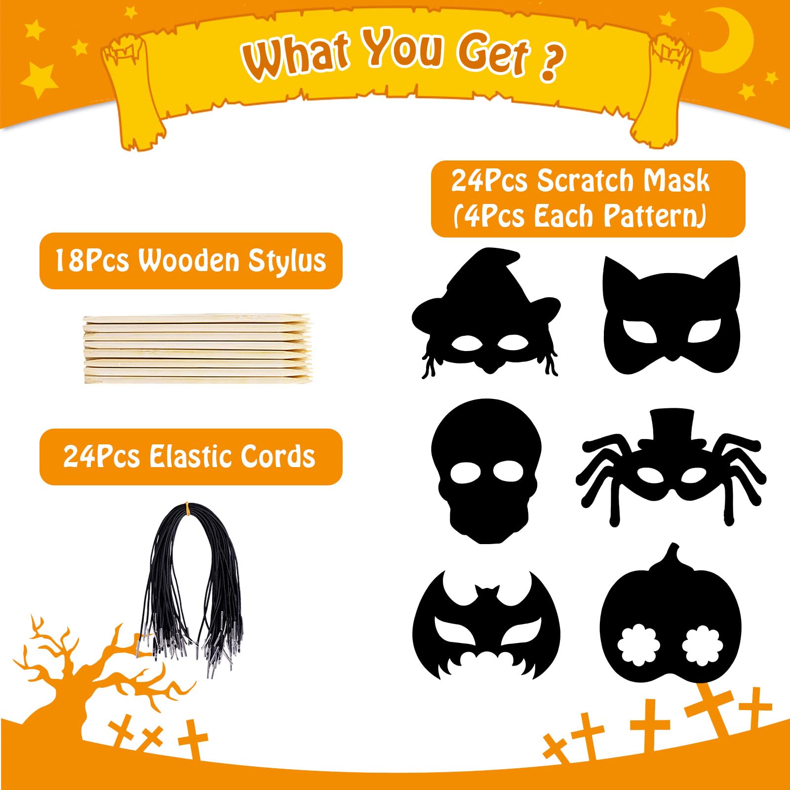 MGparty 24-Pack Halloween Scratch Masks Craft Kit – Rainbow Scratch Paper Art for Kids and Adults