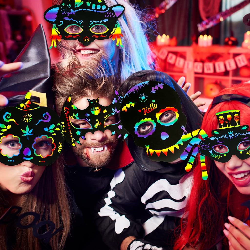 MGparty 24-Pack Halloween Scratch Masks Craft Kit – Rainbow Scratch Paper Art for Kids and Adults