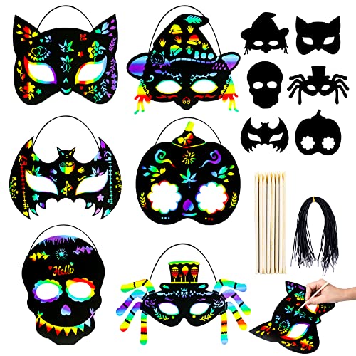 MGparty 24-Pack Halloween Scratch Masks Craft Kit – Rainbow Scratch Paper Art for Kids and Adults