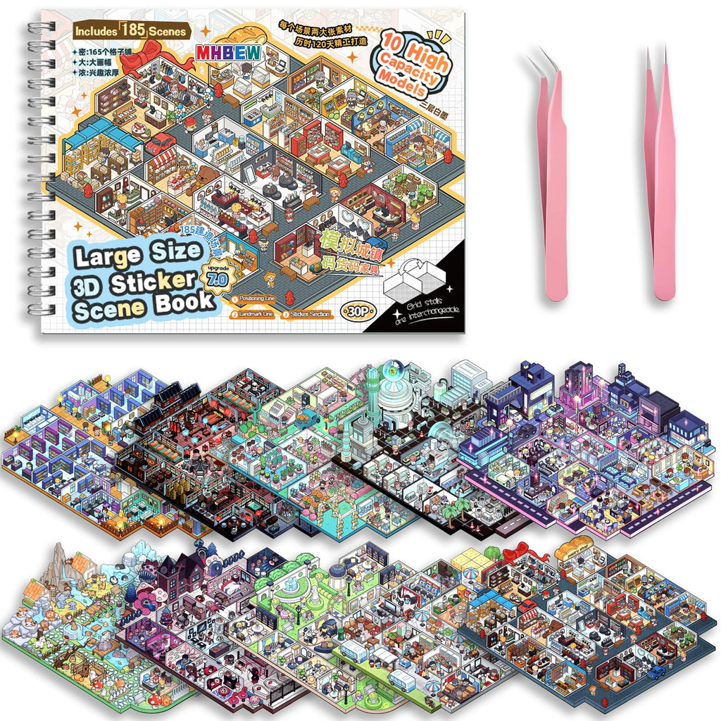 MHBEW DIY 3D Sticker Scene Collection - 10 Sets, 20 Reusable Stickers, Isometric Room Decor for Kids & Adults, City Theme