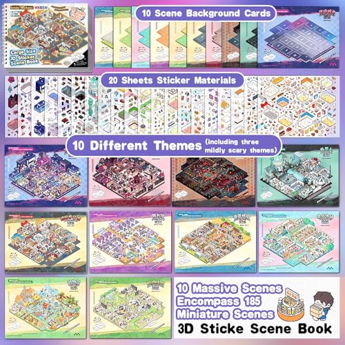 MHBEW DIY 3D Sticker Scene Collection - 10 Sets, 20 Reusable Stickers, Isometric Room Decor for Kids & Adults, City Theme