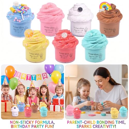 MIAEZOUYOX 7-Pack Butter Slime Kit – Soft, Non-Sticky Stretchy Sludge Toy for Kids, Party Favors, Stress Relief (7 Colors, 60ml Each)