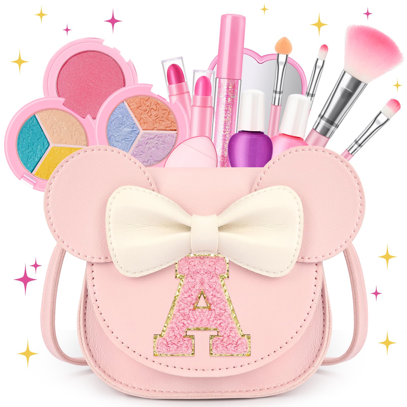 mibasies 15-Piece Kids Makeup Kit for Girls – Washable, Non-Toxic Cosmetics with Crossbody Purse, Birthday Gift for Ages 3-10, Pink