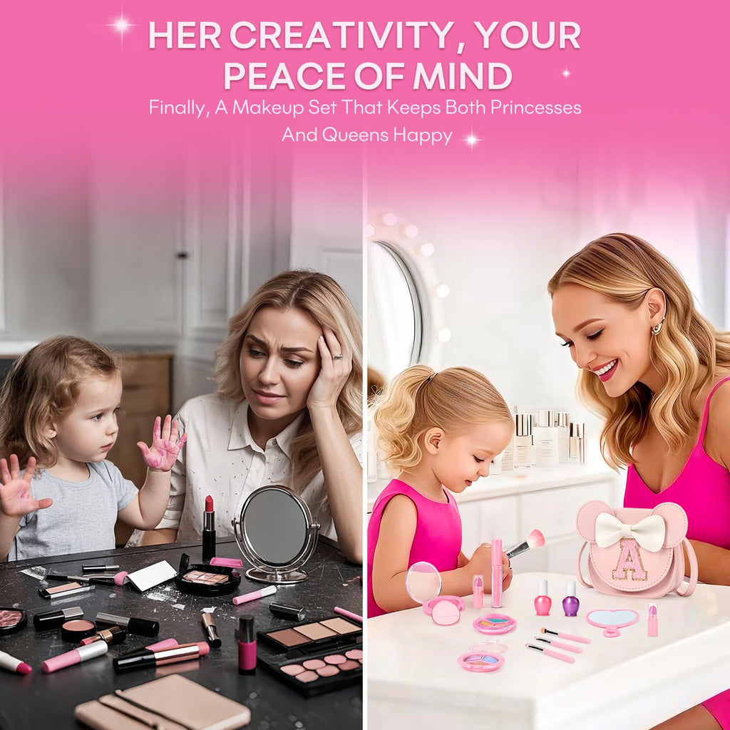 mibasies 15-Piece Kids Makeup Kit for Girls – Washable, Non-Toxic Cosmetics with Crossbody Purse, Birthday Gift for Ages 3-10, Pink