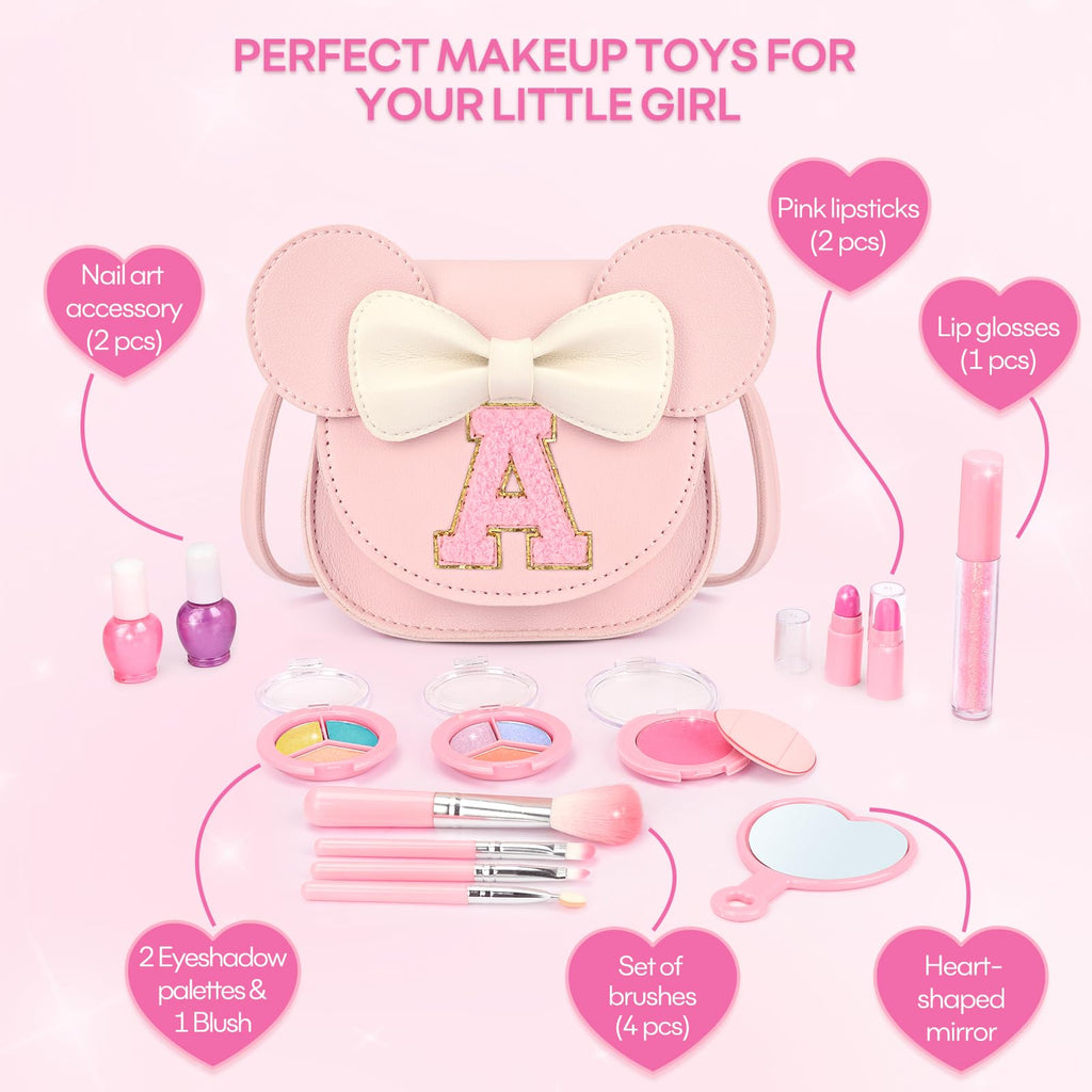 mibasies 15-Piece Kids Makeup Kit for Girls – Washable, Non-Toxic Cosmetics with Crossbody Purse, Birthday Gift for Ages 3-10, Pink