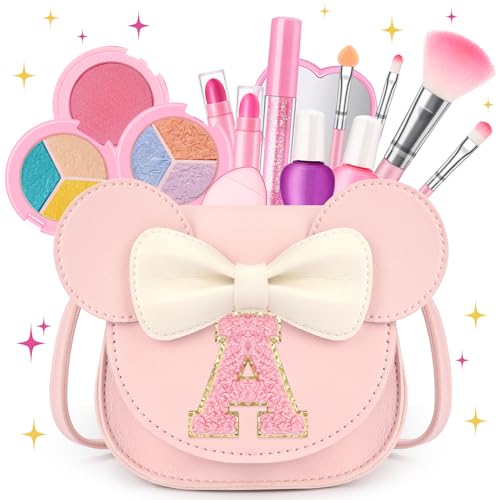 mibasies 15-Piece Kids Makeup Kit for Girls – Washable, Non-Toxic Cosmetics with Crossbody Purse, Birthday Gift for Ages 3-10, Pink