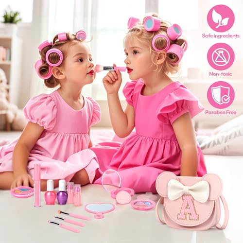 mibasies 15-Piece Kids Makeup Kit for Girls – Washable, Non-Toxic Cosmetics with Crossbody Purse, Birthday Gift for Ages 3-10, Pink