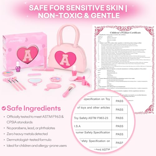 mibasies Kids Washable Makeup Kit – 18 Pcs Non-Toxic Real Play Makeup for Girls 3-10, Pink Heart Purse