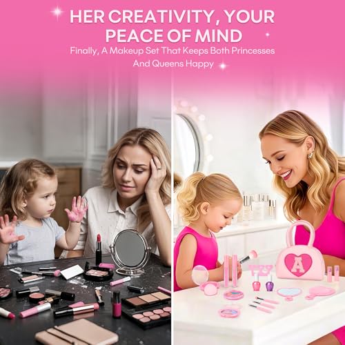 mibasies Kids Washable Makeup Kit – 18 Pcs Non-Toxic Real Play Makeup for Girls 3-10, Pink Heart Purse