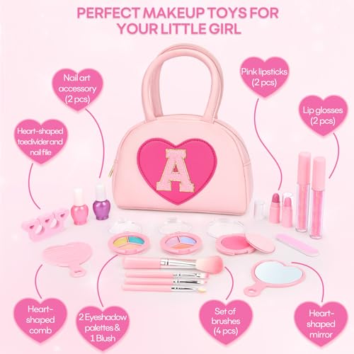 mibasies Kids Washable Makeup Kit – 18 Pcs Non-Toxic Real Play Makeup for Girls 3-10, Pink Heart Purse