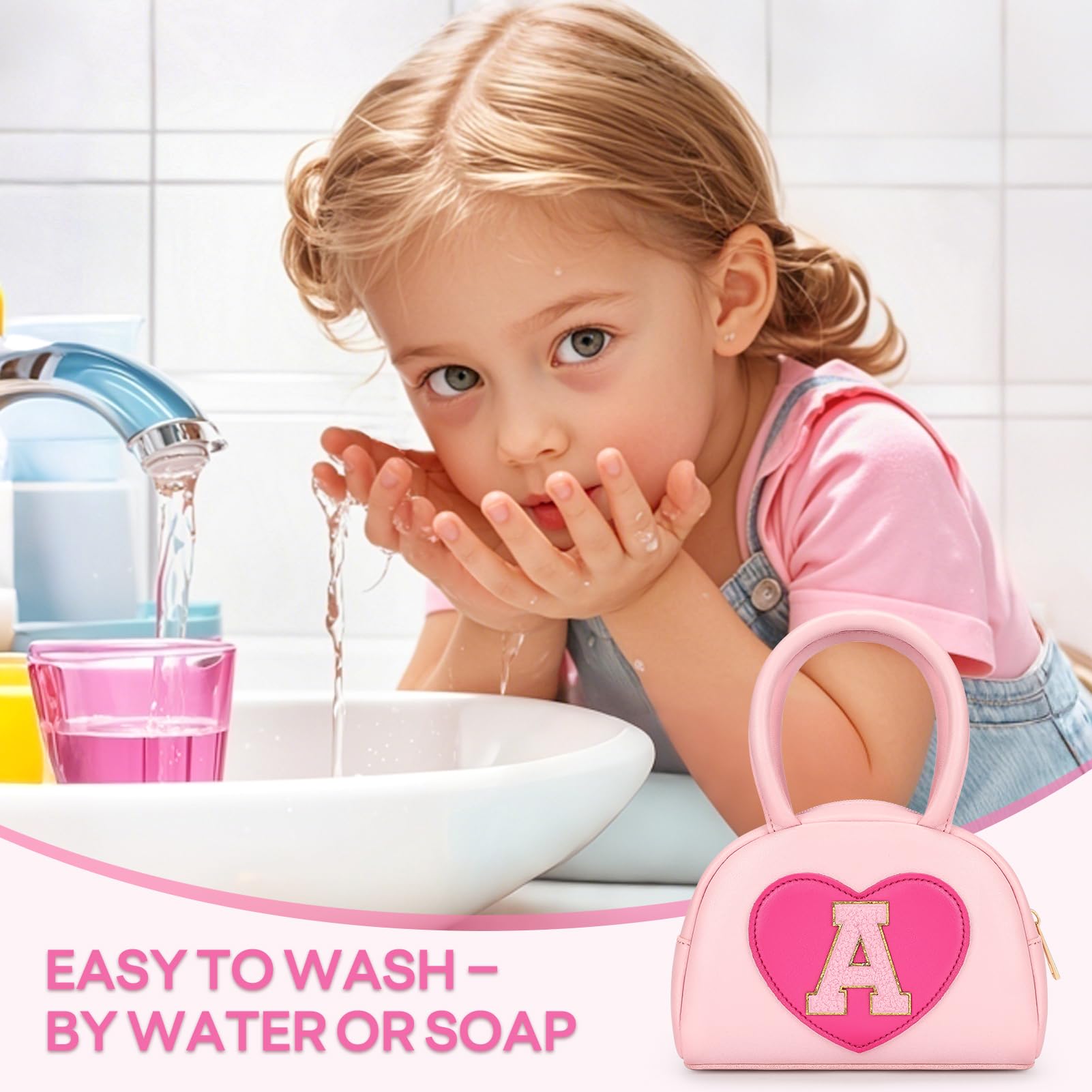 mibasies Kids Washable Makeup Kit – 18 Pcs Non-Toxic Real Play Makeup for Girls 3-10, Pink Heart Purse