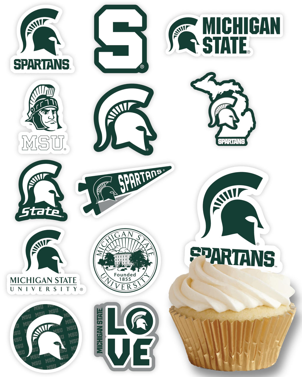 Michigan State Spartans Cupcake Toppers – 24 Pack, PartyKandy, Recyclable Paper, 3-4 Inch, for Birthday, Graduation, Tailgate