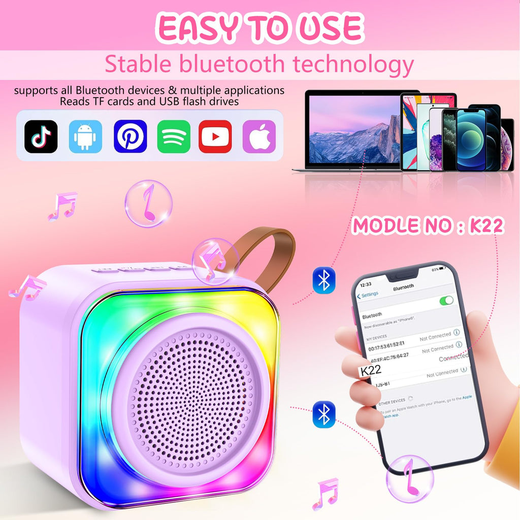 MicQutr Kids Karaoke Machine with 2 Mics, Purple - Bluetooth Speaker, LED Lights, 8-Hour Battery, Voice Effects for Ages 3-12