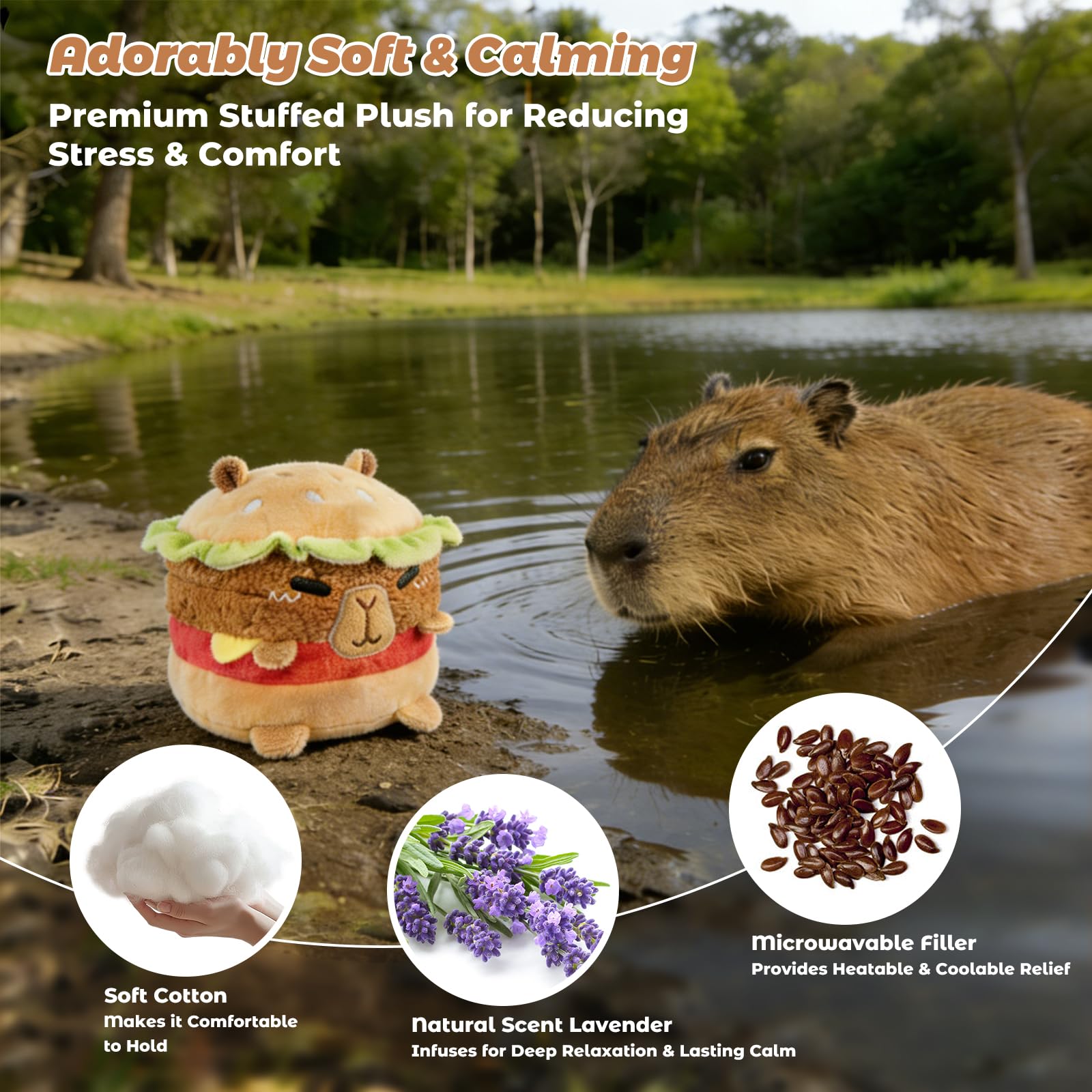 Microwavable Hamburger Capybara Stuffed Animal – Heat & Cool Therapy Plush with Lavender Scent