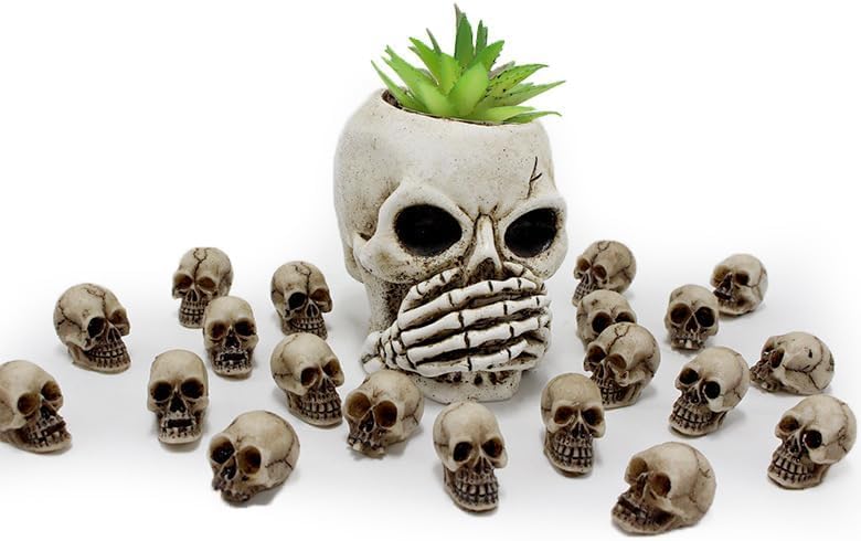 Mikily's 32-Pack Mini Skull Figurines – Resin Skeleton Head Cake Toppers for Halloween Party Supplies