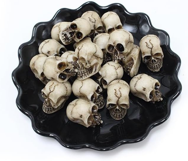 Mikily's 32-Pack Mini Skull Figurines – Resin Skeleton Head Cake Toppers for Halloween Party Supplies