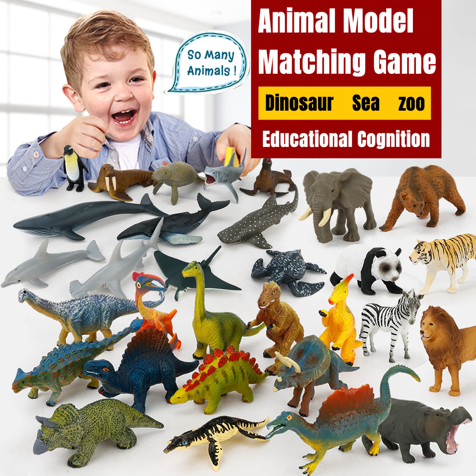 MIKNEKE Montessori Animal Figurines with Matching Flash Cards - 12 Realistic Zoo Animals for Toddlers