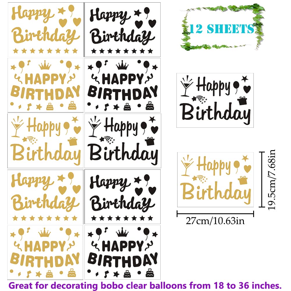 Mimeile 12-Piece Gold & Black Happy Birthday Balloon Stickers – Self-Adhesive PVC Decals for 18-36 Inch Balloons, Walls, and Gift Boxes