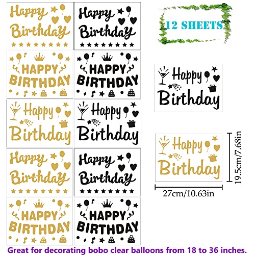 Mimeile 12-Piece Gold & Black Happy Birthday Balloon Stickers – Self-Adhesive PVC Decals for 18-36 Inch Balloons, Walls, and Gift Boxes
