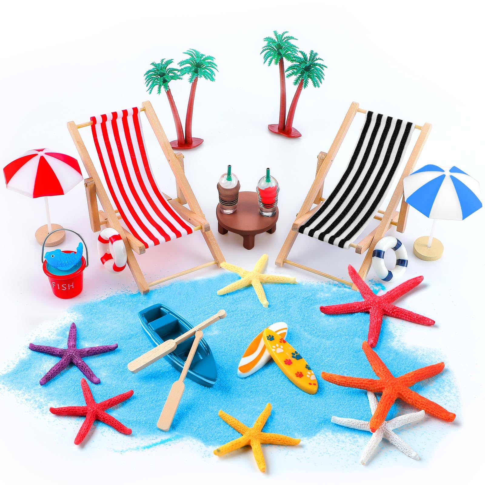 Minatee 25-Piece Beach Miniature Dollhouse Decoration Set – Palm Trees, Umbrellas, Chairs, and More for DIY Gardens and Sandboxes (Red/Black)