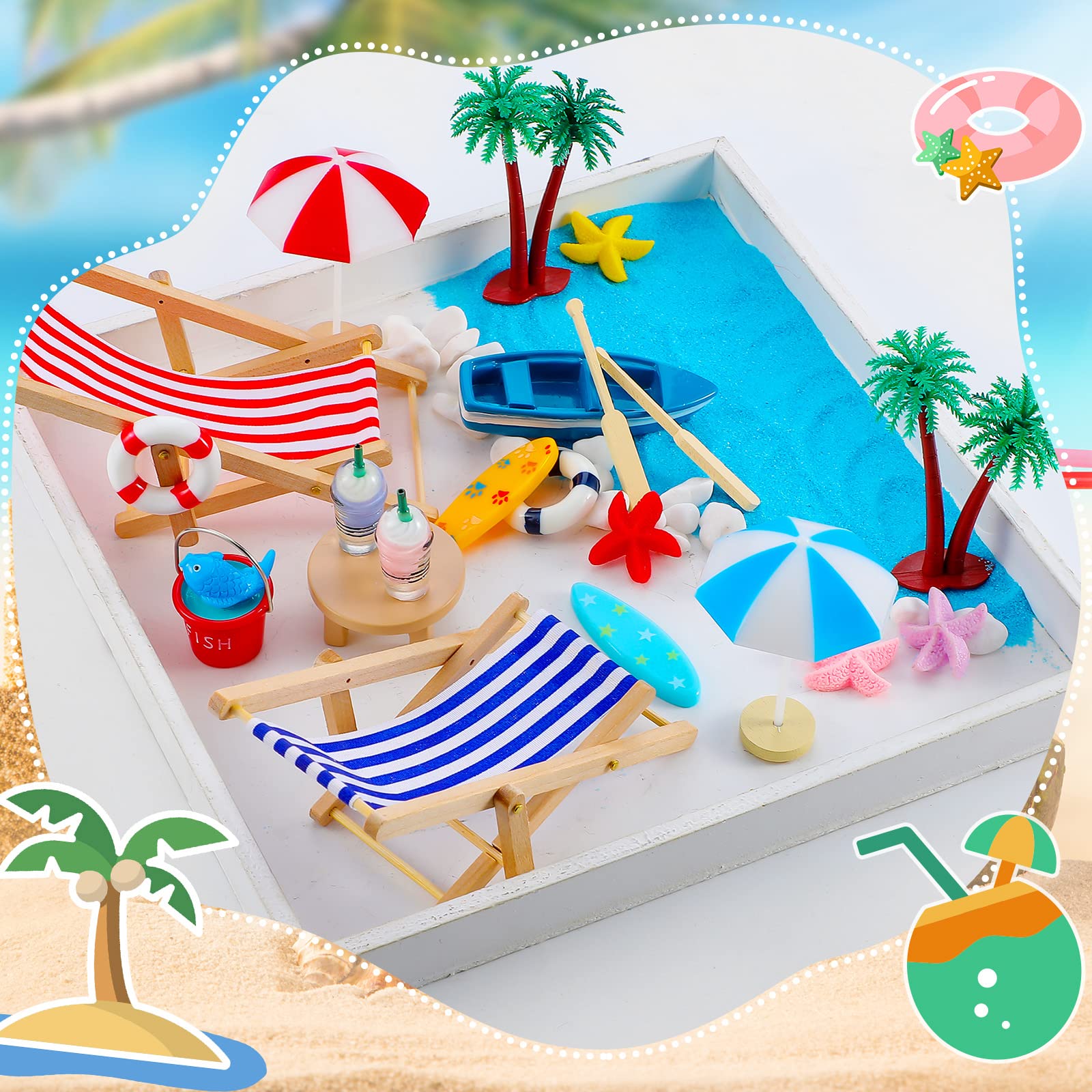 Minatee 25-Piece Beach Miniature Dollhouse Set with Palm Tree, Umbrella, and Surfboard