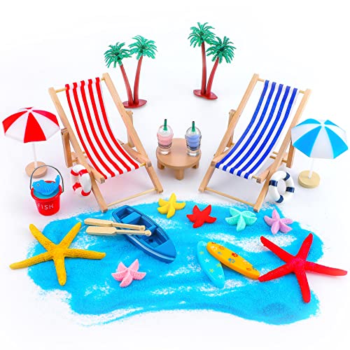 Minatee 25-Piece Beach Miniature Dollhouse Set with Palm Tree, Umbrella, and Surfboard