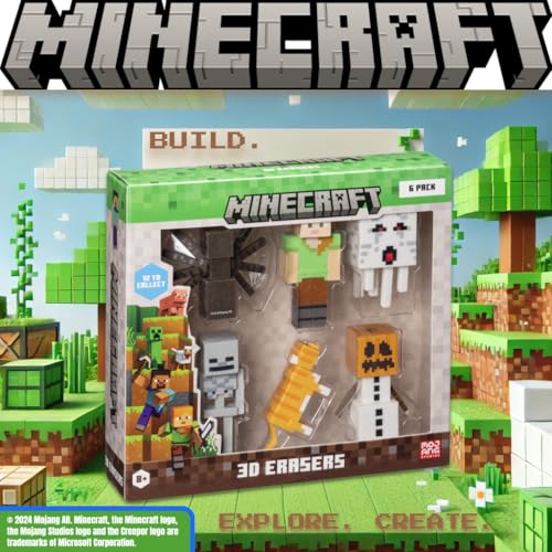 Mine Craft 3D Eraser Collector Set - 6-Pack with 12 Iconic Characters (Steve, Creeper, Alex) Officially Licensed
