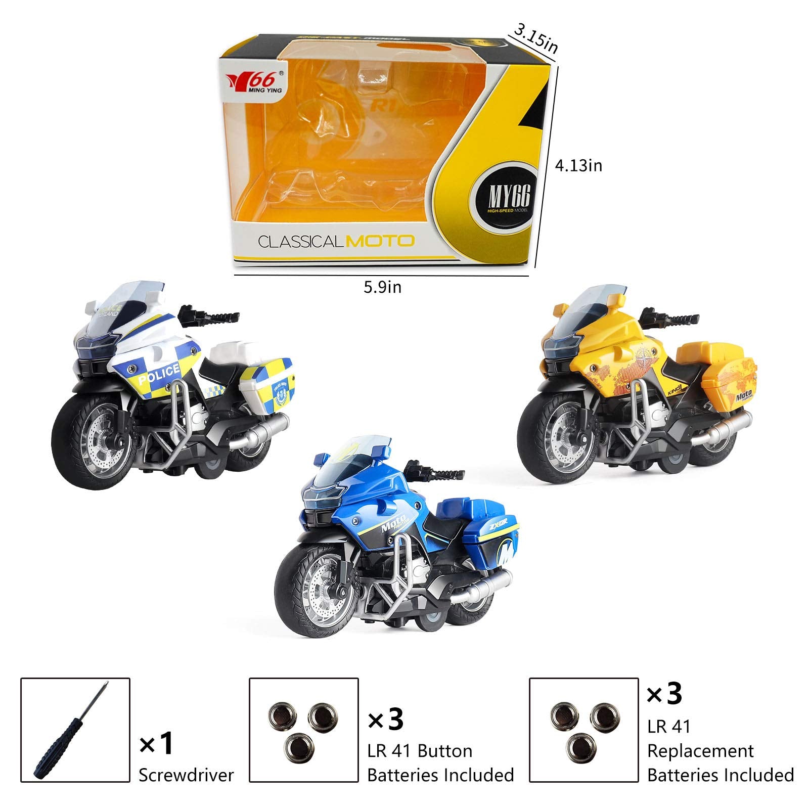 MING YING 66 Police Motorcycle Toy – Pull-Back with Sound & Light, White, for Ages 3-9