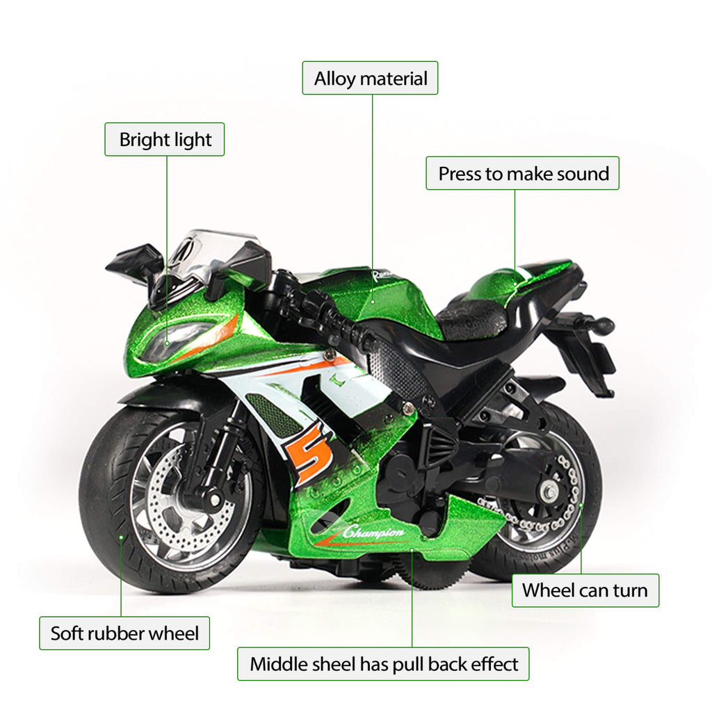 MING YING 66 Pull-Back Motorcycle Toy - Green, Lights & Sounds, for Boys Ages 3-9