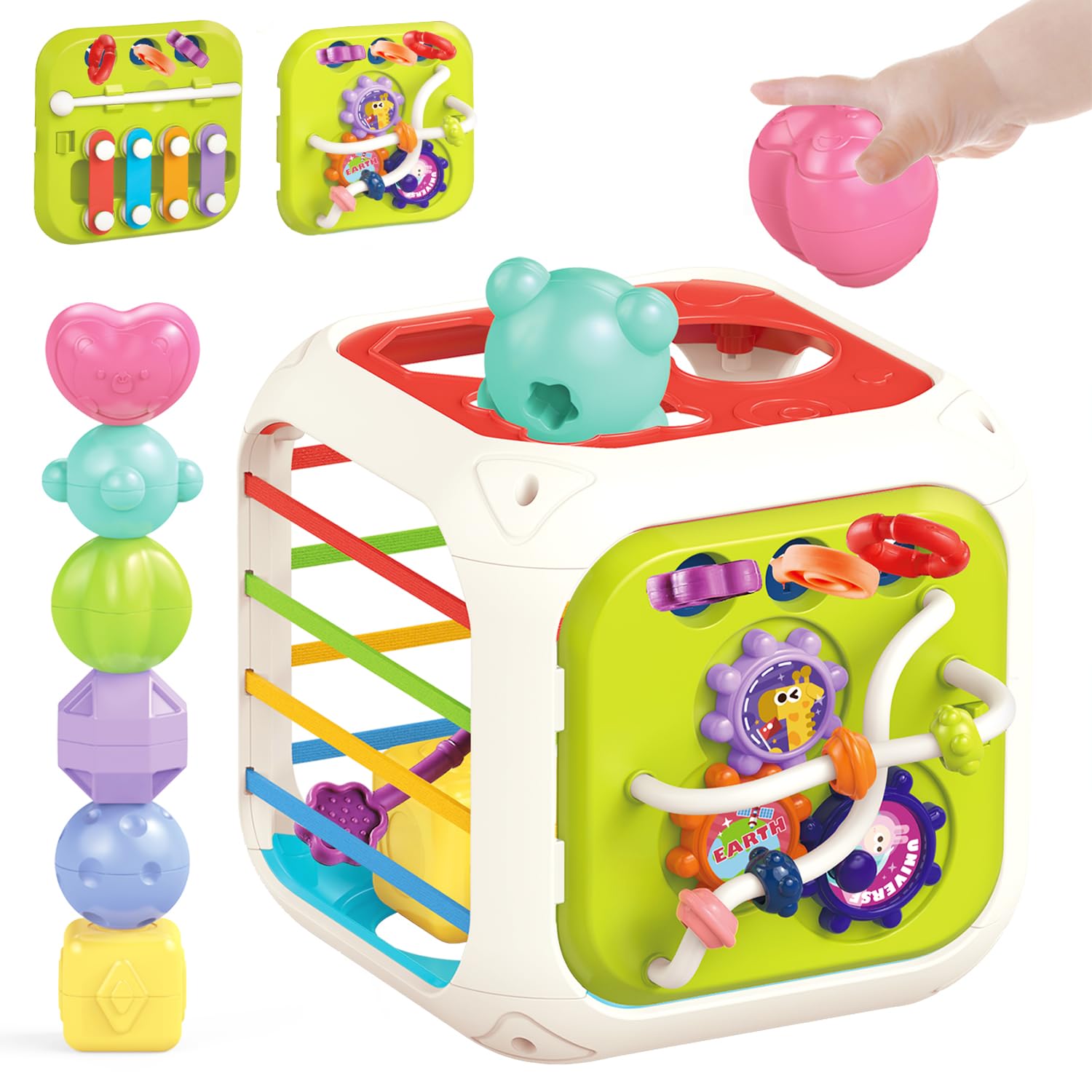 MINGKIDS 7-in-1 Montessori Activity Cube - Shape Sorter & Sensory Toy for Toddlers 1-3